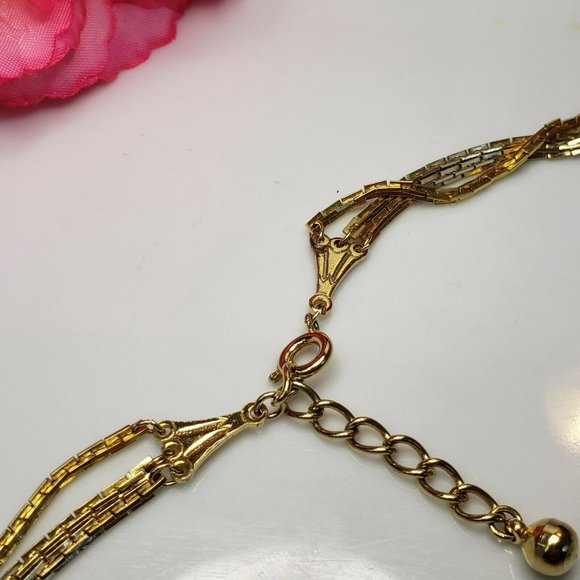 Vintage Gold Tone 3- Strand Chain Necklace 25" Statement Chain Green Glass Beads - Picture 6 of 12